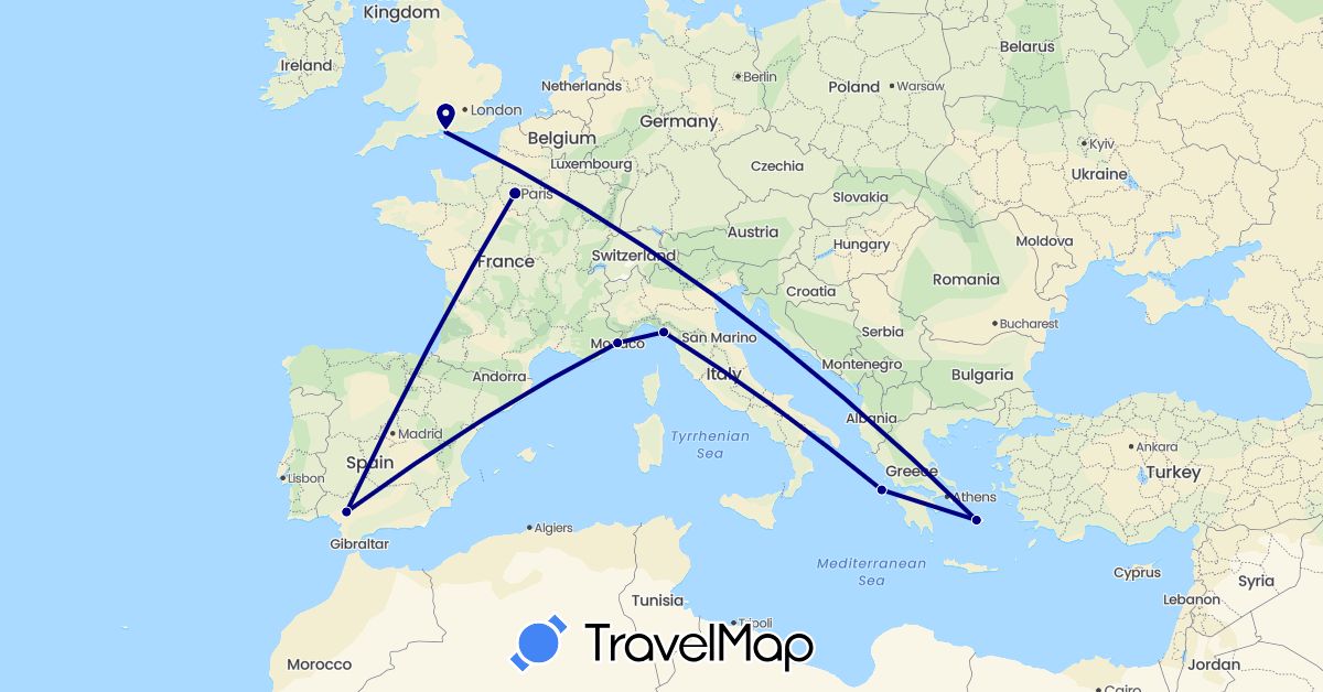 TravelMap itinerary: driving in Spain, France, United Kingdom, Greece, Italy, Monaco (Europe)